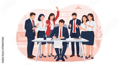 A diverse corporate team celebrates a significant business agreement, as a male executive signs crucial documents, symbolizing successful partnership and achievement.