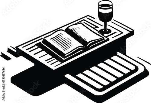 Illustration of Black vector silhouette of wooden bath caddy with book and wine