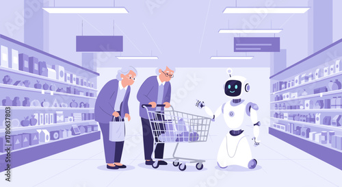 An advanced service robot assists a senior couple with their grocery shopping in a modern, well-stocked supermarket aisle, showcasing future retail automation.