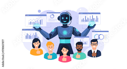An advanced AI robot with a headset provides expert support to a diverse business team, analyzing complex data on multiple screens, representing innovation and efficient service.