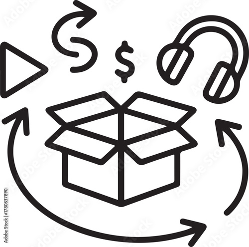 Conceptual illustration of a product or service delivery system with icons representing media content digital assets and financial transactions in a circular workflow