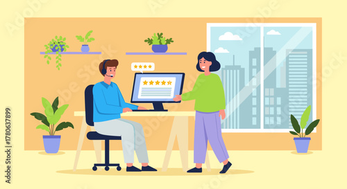 A male user provides valuable feedback on a digital service, receiving a positive five-star rating from a satisfied female customer in a contemporary office setting.