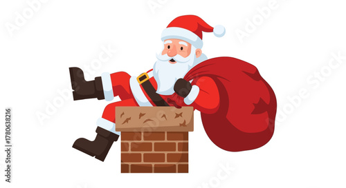 Santa Claus with a bag of presents sitting atop a chimney