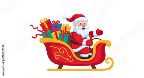 Santa Claus rides in a red and gold sleigh full of colorful gifts