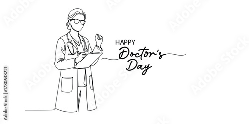 Minimal one-line drawing of a doctor holding a clipboard with “Happy Doctor’s Day” text. Perfect for celebrating healthcare heroes, medical professionals, hospital staff, and physicians.