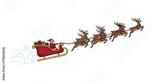 Santa in his sleigh pulled by five reindeer flies with gifts  snow trails