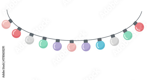 String of pastelcolored holiday lights hanging in an arc on a white background