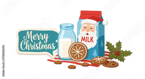 Santathemed carton of milk beside a glass of milk cookies  a Merry Christmas speech bubble