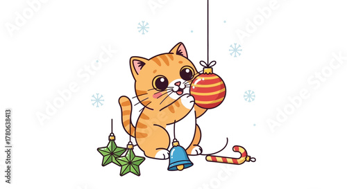 A cute cartoon ginger kitten plays with Christmas decorations amidst falling snowflakes