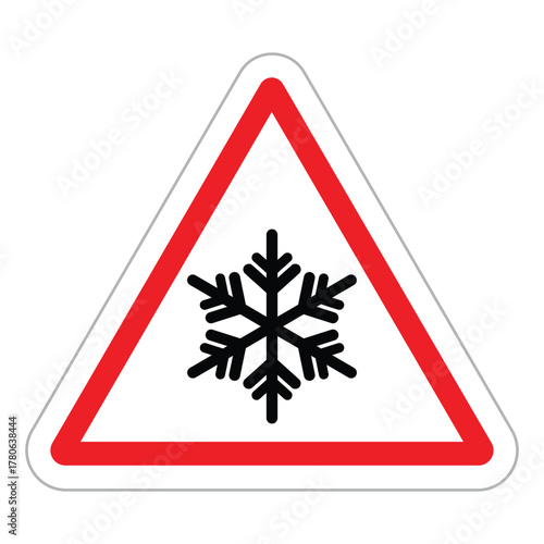 Warning triangle road sign. White background with a thick red border frames a black snowflake icon. Vector symbol for ice, frost, low temperature, or adverse winter road conditions. Flat, minimal desi
