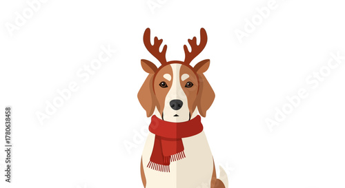 A dog wears reindeer antlers and a red scarf
