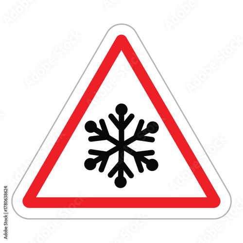 Warning triangle road sign. White background with a thick red border frames a black snowflake icon. Vector symbol for ice, frost, low temperature, or adverse winter road conditions. Flat, minimal desi