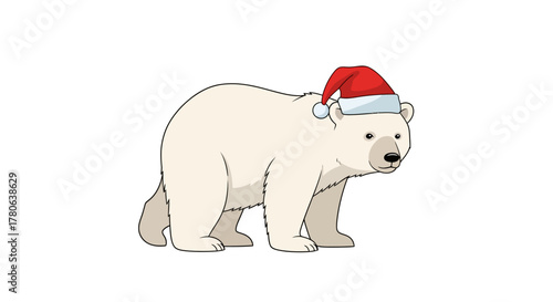 A polar bear wearing a Santa hat