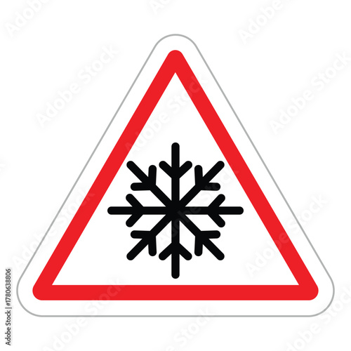 Warning triangle road sign. White background with a thick red border frames a black snowflake icon. Vector symbol for ice, frost, low temperature, or adverse winter road conditions. Flat, minimal desi