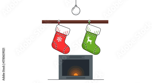 Christmas scene with stockings hanging above a lit fireplace and a dangling ornament