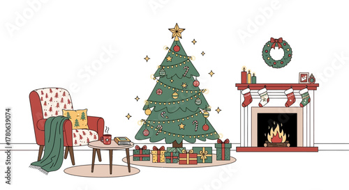 Christmas scene Tree presents fireplace armchair wreath