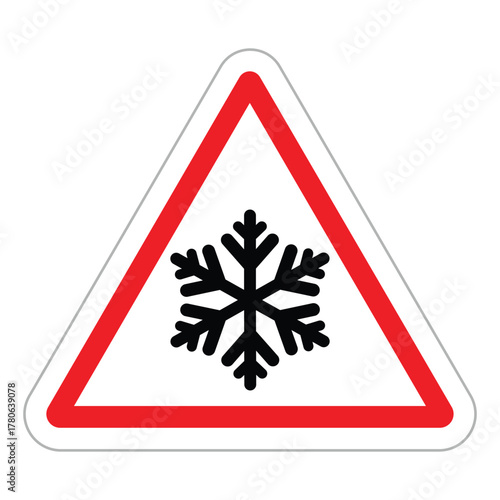 Warning triangle road sign. White background with a thick red border frames a black snowflake icon. Vector symbol for ice, frost, low temperature, or adverse winter road conditions. Flat, minimal desi