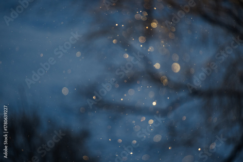 Abstract winter bokeh background with snowflakes in golden evening light