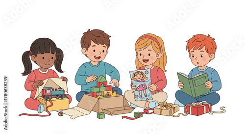 Four children are opening gifts and playing with toys
