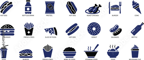  Flat vector fast food icon set featuring burgers, fries, pizza, and snacks. Perfect for restaurant, delivery service, food app, and branding projects..