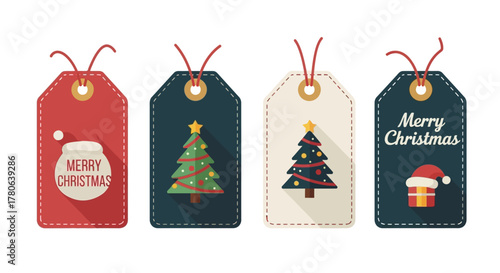 Four Christmas gift tags each adorned with holidaythemed designs hanging with string loops