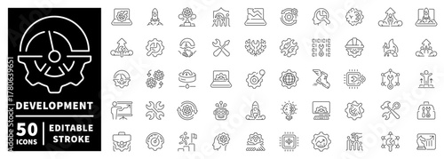 Development icons set: editable line icons for tools, technology, engineering