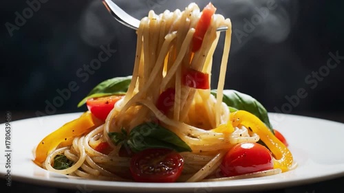Steaming hot spaghetti with fresh cherry tomatoes yellow bell peppers and basil leaves twirled on