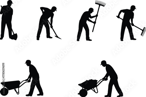 Gardening worker silhouette, landscaping labor, shovel and rake tools, wheelbarrow activity, outdoor manual work, black figure, vector illustration, agriculture