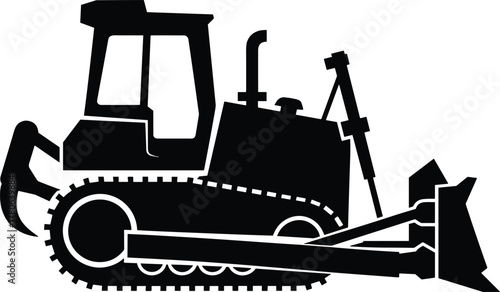 Silhouette, bulldozer, construction, heavy machinery, earthmoving, ripper, blade, industrial, equipment, black, white, vector, isolated, terrain, cab, track, push, dig, mining, simplified