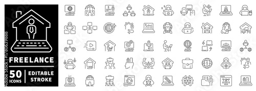 Freelance and remote work icons set. editable line, online, freelance styles
