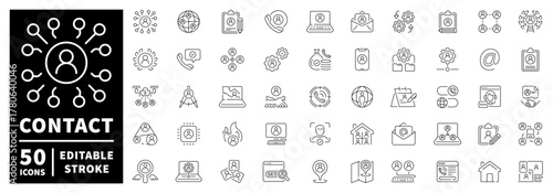 Contact icons set with editable line icons. linear, communication, phone symbols