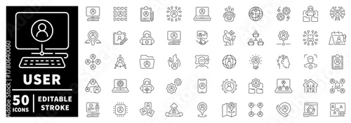 User management icons set: editable line icons, outline, admin and profile tools