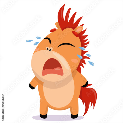 Vector illustration of a dancing horse. Horse, character, 2026, Horoscope, cute, drinking, pony, childish, funny, Chinese, crying, emotion