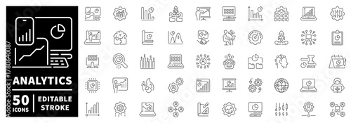 Analytics icons set - editable line icons, outline, statistic and data symbols