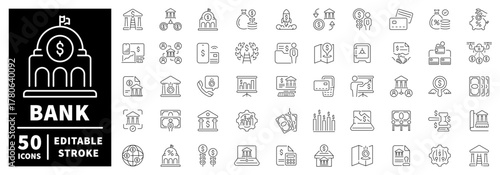 Bank and finance icons set. editable line icons, outline, business symbols collection