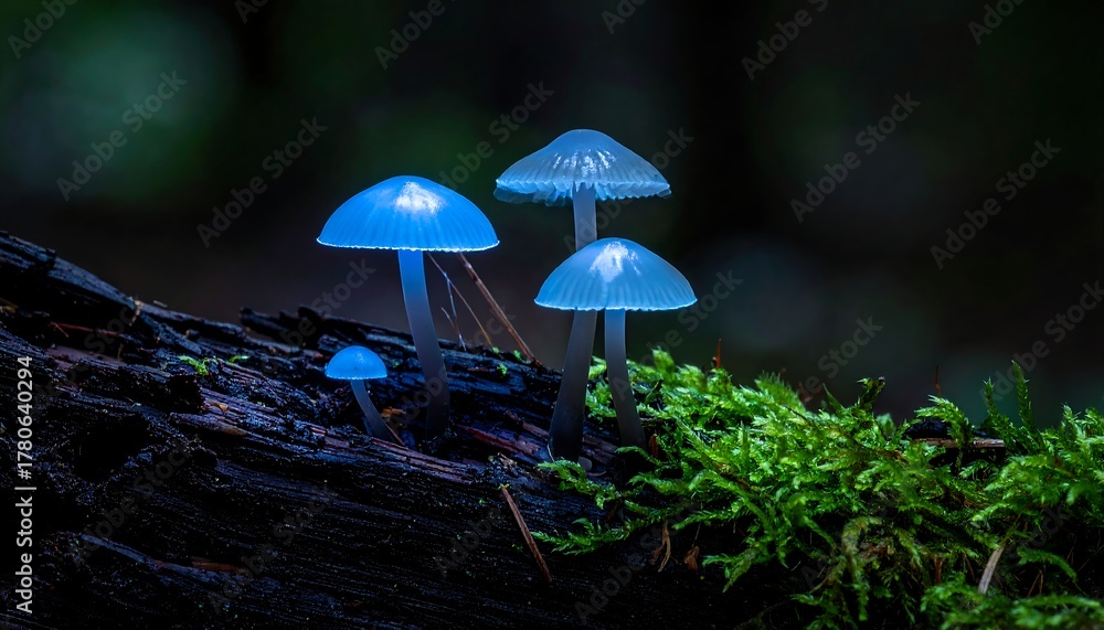 Fototapeta premium Luminous blue mushrooms cluster on a mossy log, against a blurred dark forest backdrop creating enchanting ambiance