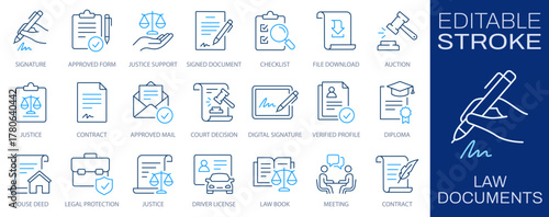 Law documents line icons set. Legal contract, verification, signature, protection, and certification symbol. Editable stroke.