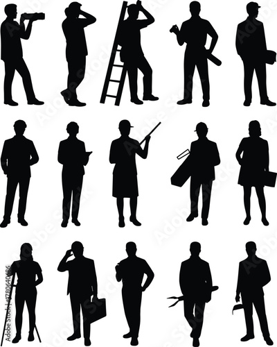 Silhouettes of diverse professionals, occupations, workers, businesspeople, educators, technicians, photographers, engineers, presenters, mechanics, retail staff, career roles, teamwork