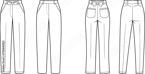 Women pants fashion flat sketch, stylish trousers front and back view, clothing design template, CAD vector