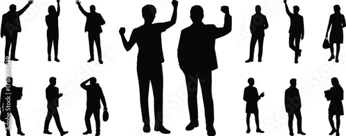 Silhouettes, people, poses, gestures, teamwork, diversity, communication, business, success, unity, mobile, lifestyle, professional, standing, walking, talking, holding, celebrating, urban, modern
