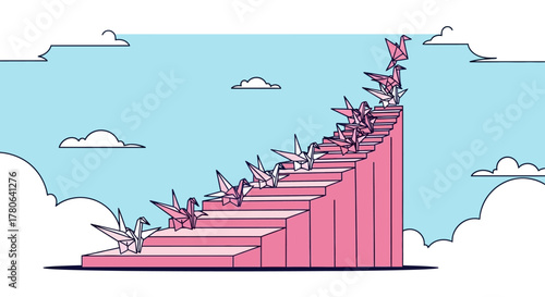 Origami cranes ascending a staircase towards success and achievement.