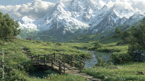 Scenic Mountain Valley With Flowers And Bridge