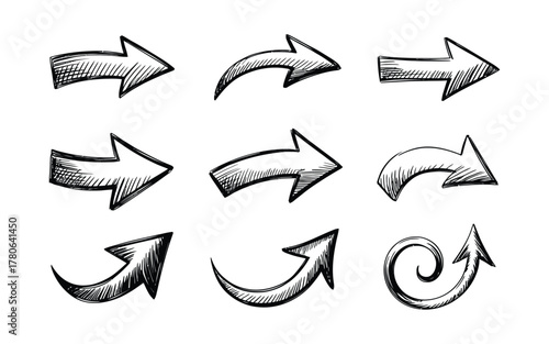Hand-drawn arrow brush-stroke arrow collection with vector arrows pointing in various directions, transparent background set for UI design, app layouts, and storyboard graphics.