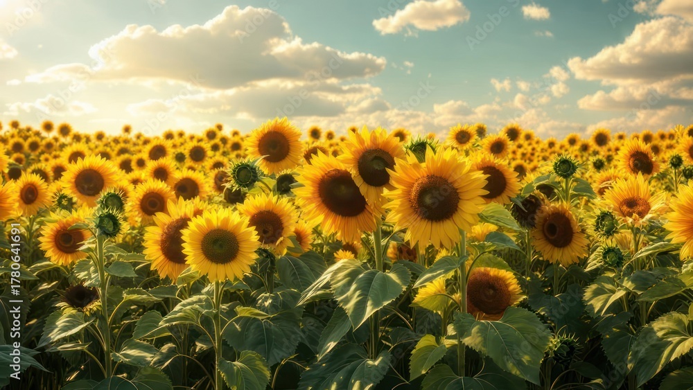 Obraz premium Vibrant Sunflower Field Under a Sunny Sky with Fluffy Clouds.