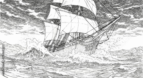Sailing ship navigating rough seas in a classic engraving style.
