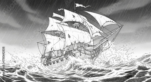 Sailing ship navigating rough seas in a storm.