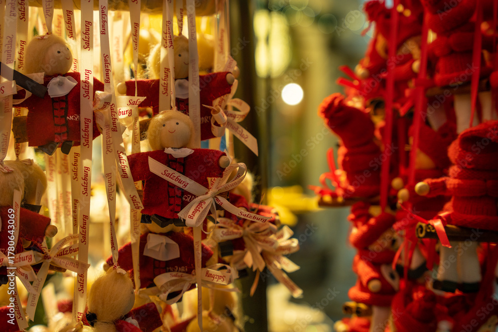 Fototapeta premium Salzburg, Austria - December 22, 2024: Traditional Salzburg Christmas ornaments in a festive shop display
