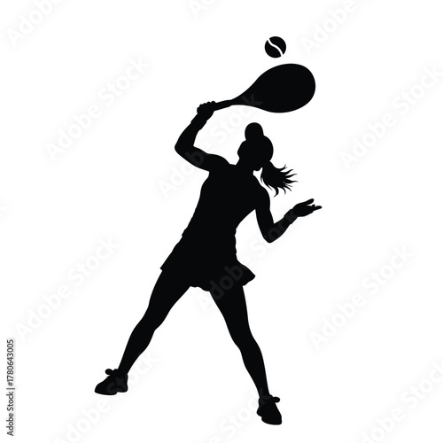 Dynamic female tennis player preparing to serve with intense focus