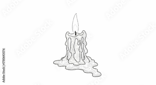 Single lit candle with melting wax creating a puddle at its base.