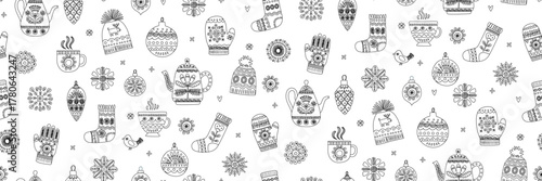 Cozy Scandinavian Winter Seamless Pattern with Teapots, Mittens and Socks, Hygge Holiday Vector